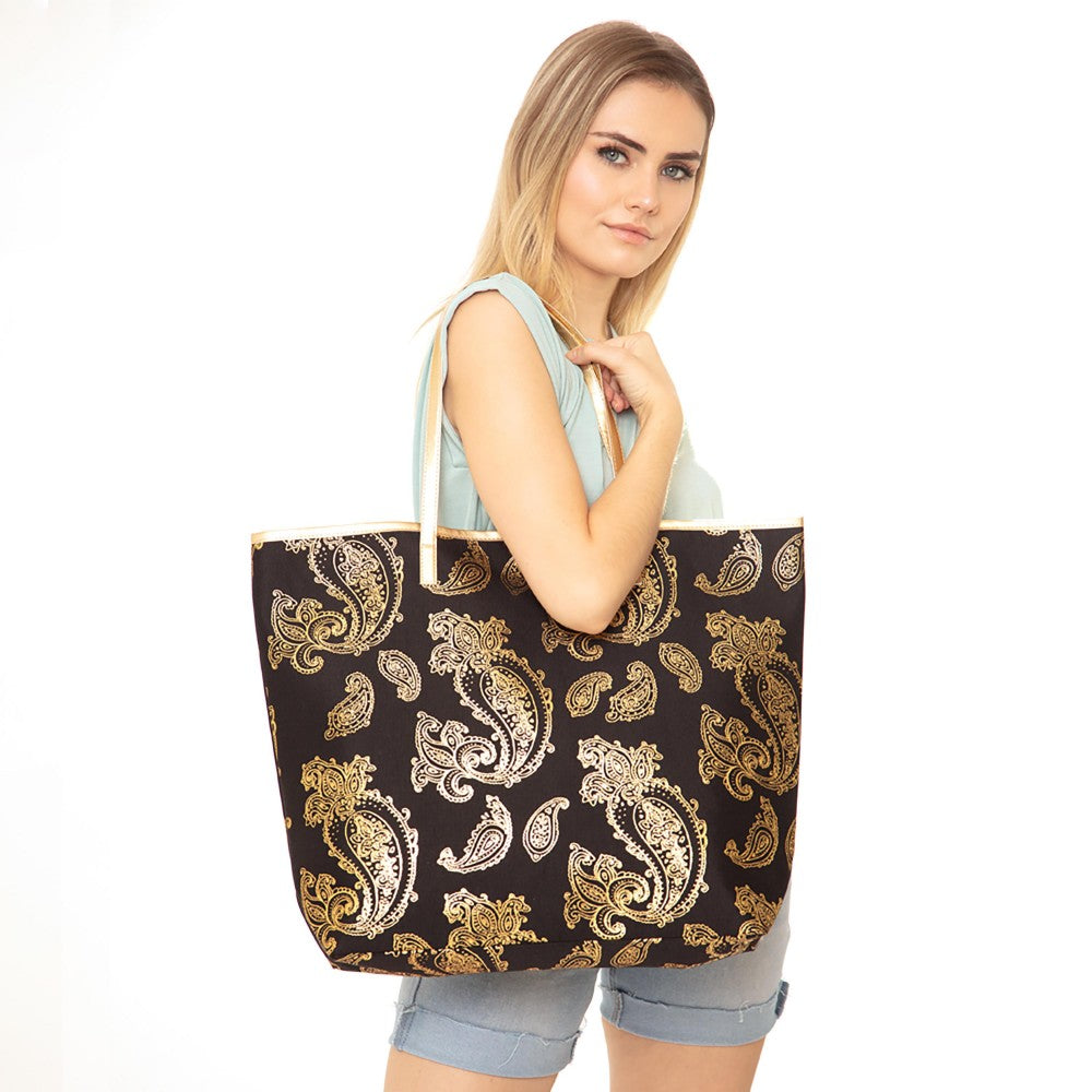 Metallic Paisley Print Tote Black