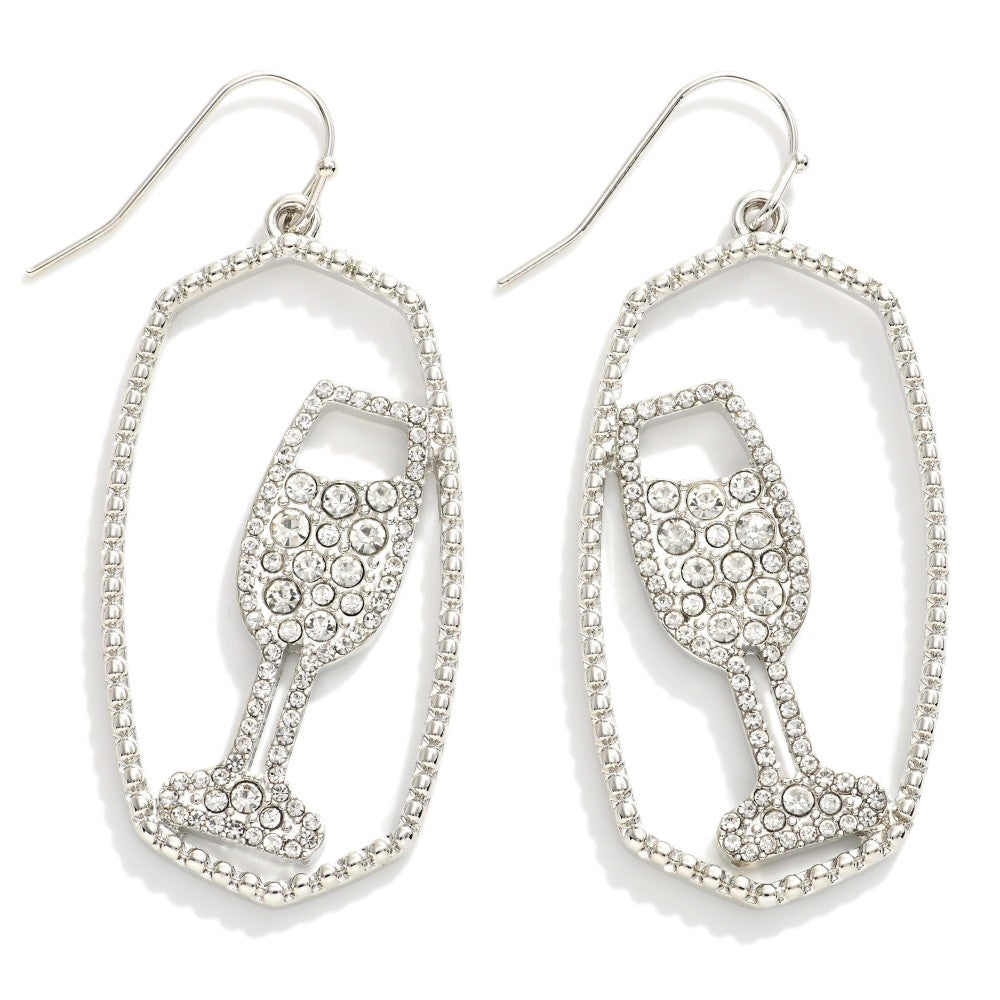 Metal Hexagonal Earrings with Rhinestone Wine Glasses