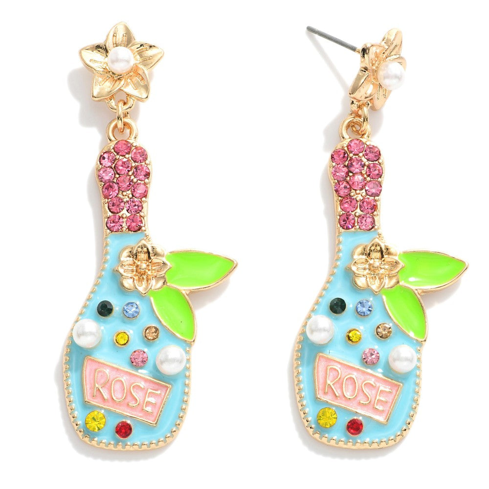 Enamel & Rhinestone Rose Bottle Earrings