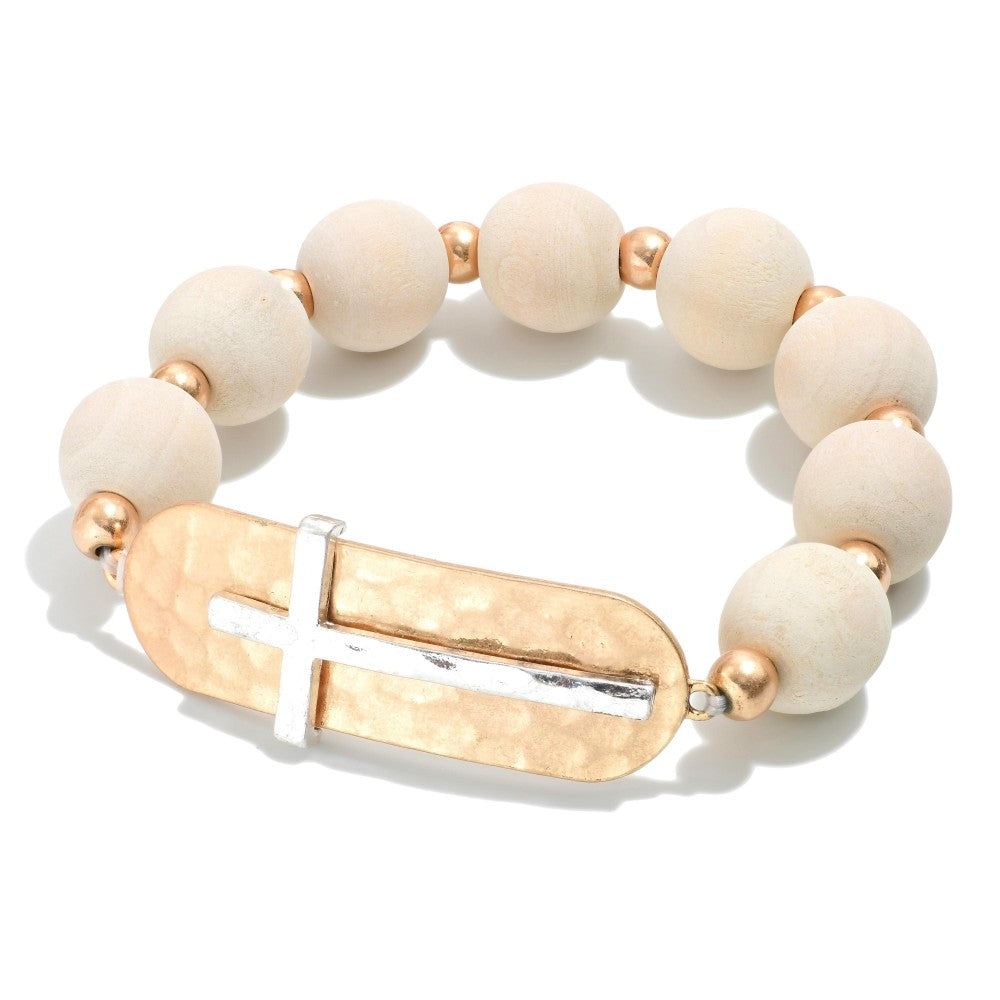 Wood Beaded Bracelet with Hammered Cross