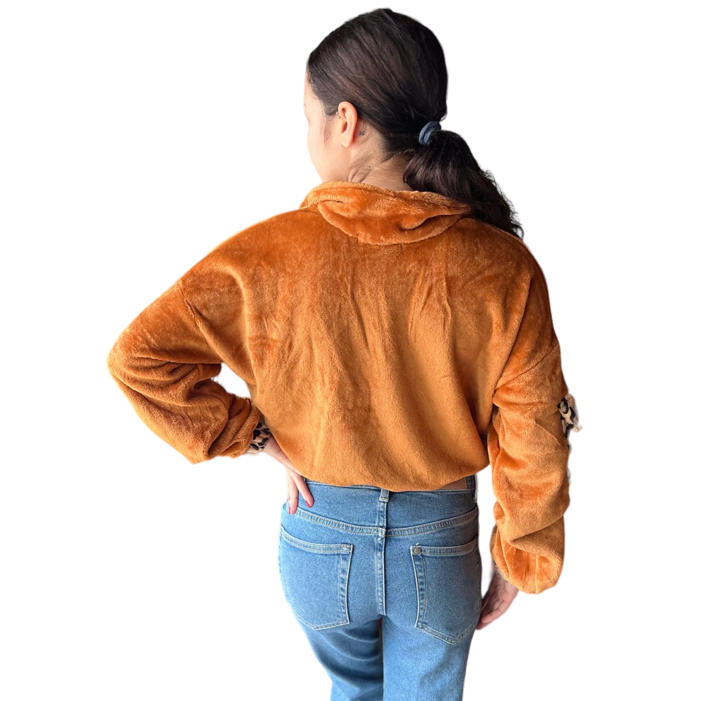 Animal Print Trimmed Sherpa Crop Top