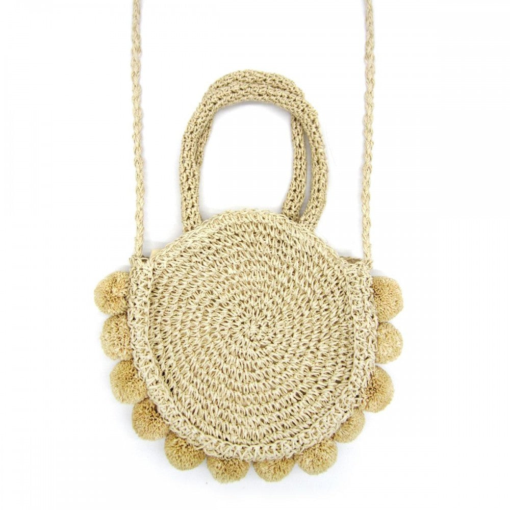 Woven Handbag featuring Pom-Pom Accents