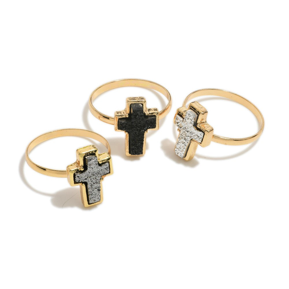 Set of 3 Druzy Cross Rings Black
