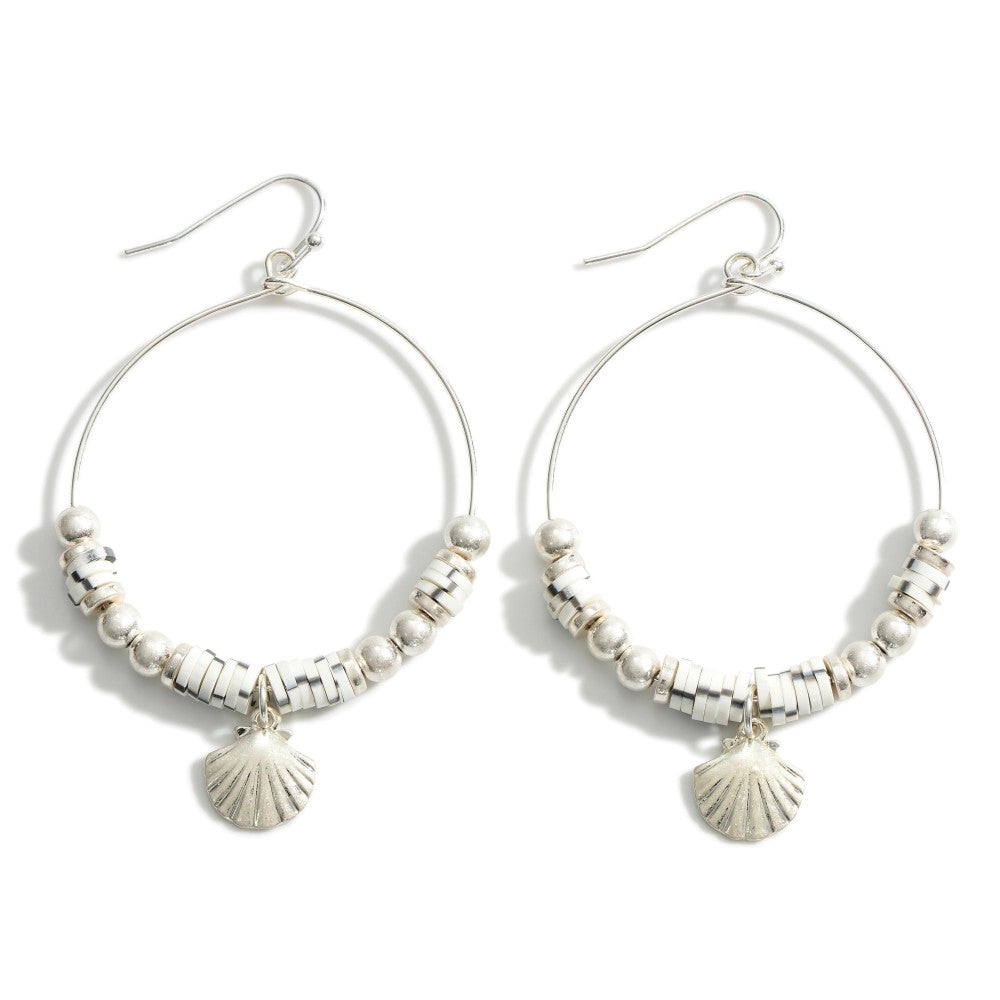 Round Heishi Bead & Seashell Earrings Silver