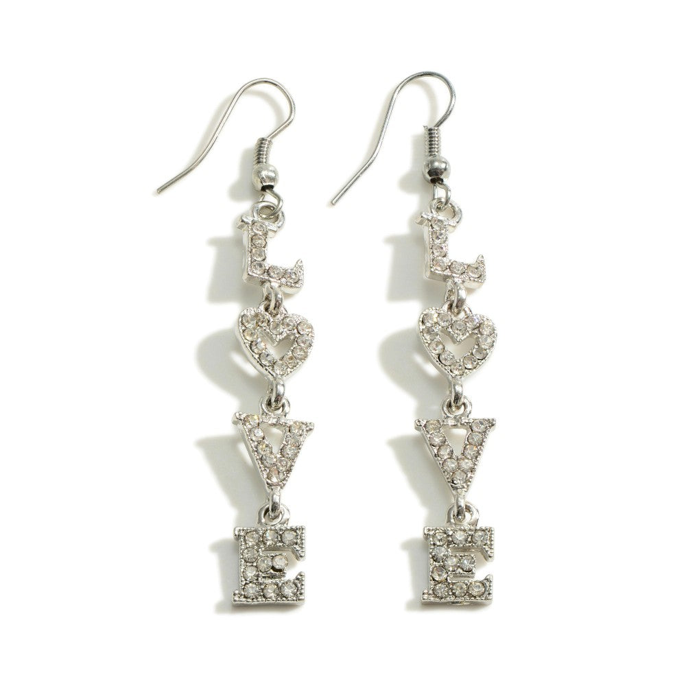 Silver Rhinestone “Love” Drop Earrings