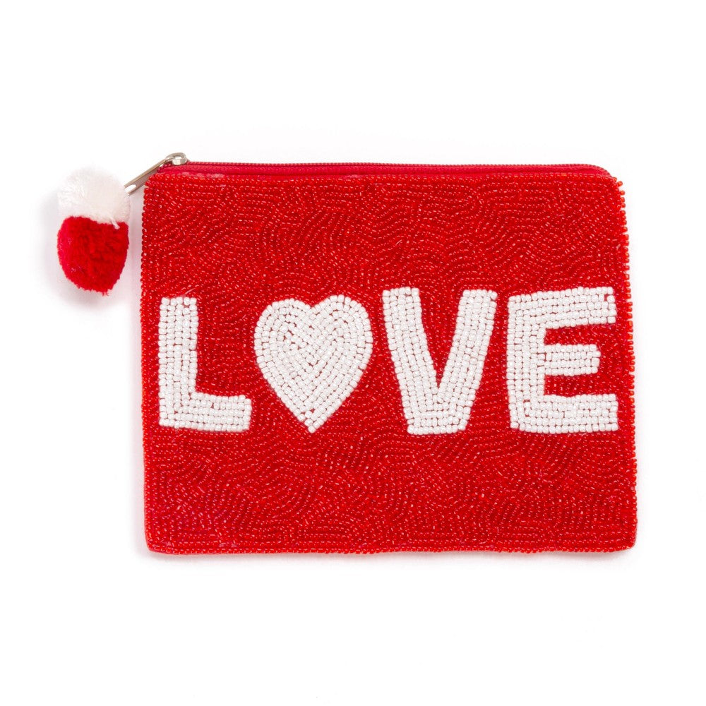 Love Beaded Pouch with Pom Pom