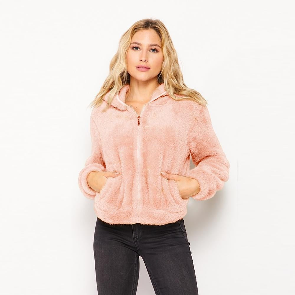 Mauve Hooded Sherpa Jacket With Pockets