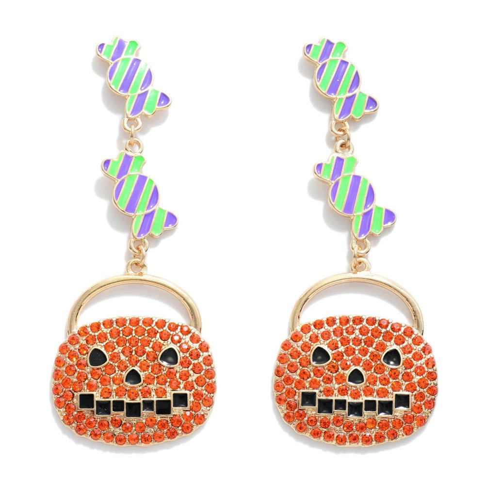 Enamel Candy & Rhinestone Pumpkin Earrings