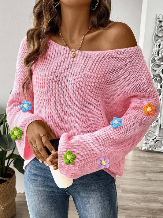 Off-Shoulder Knit Sweater with Crochet Flowers