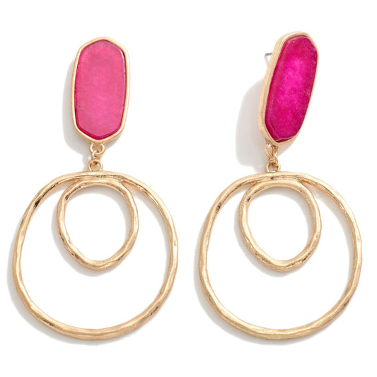Double Hoop Earrings with Magenta Stone
