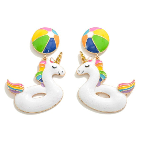 Enamel and Glitter Coated Pool Float and Beach Ball Drop Earrings