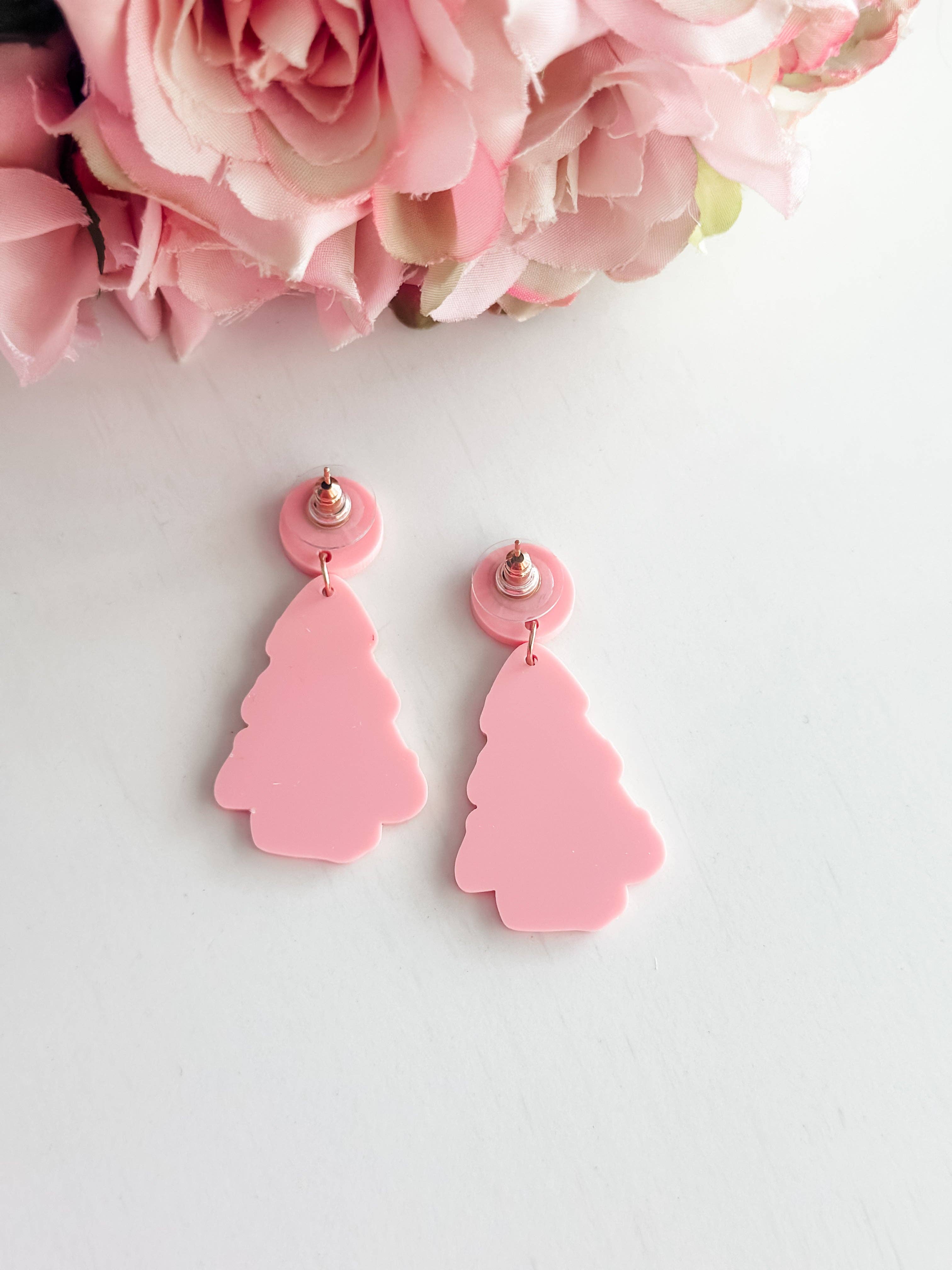 Pink Christmas Tree Dangle Earrings