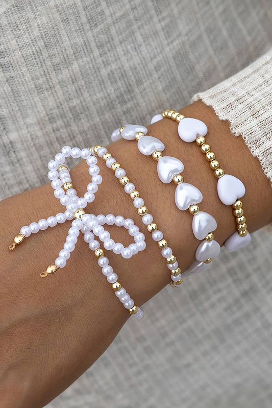 Bow & Heart Shaped Faux Pearl Beaded Bracelet Set