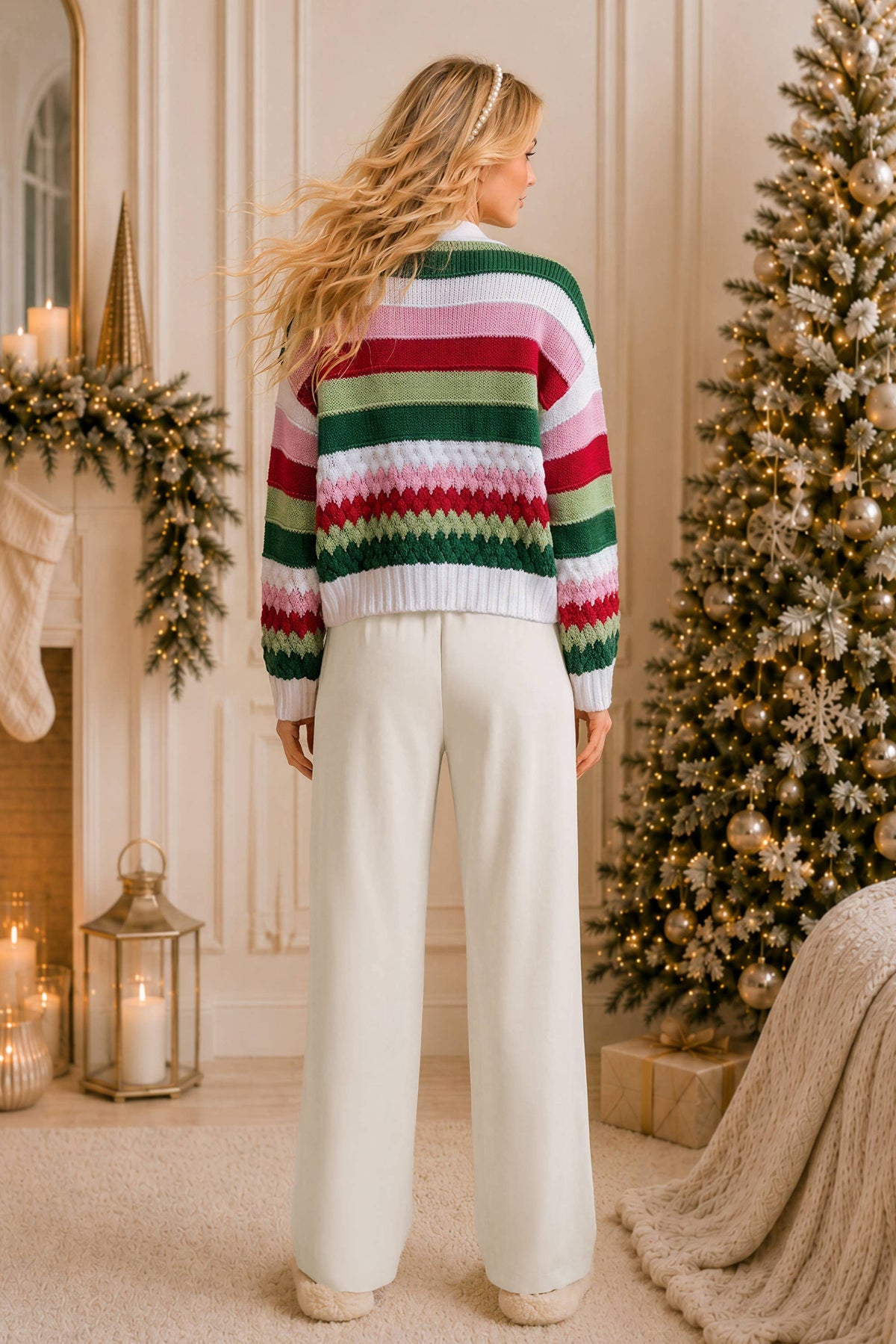 Christmas Striped Bow Knit Cardigan