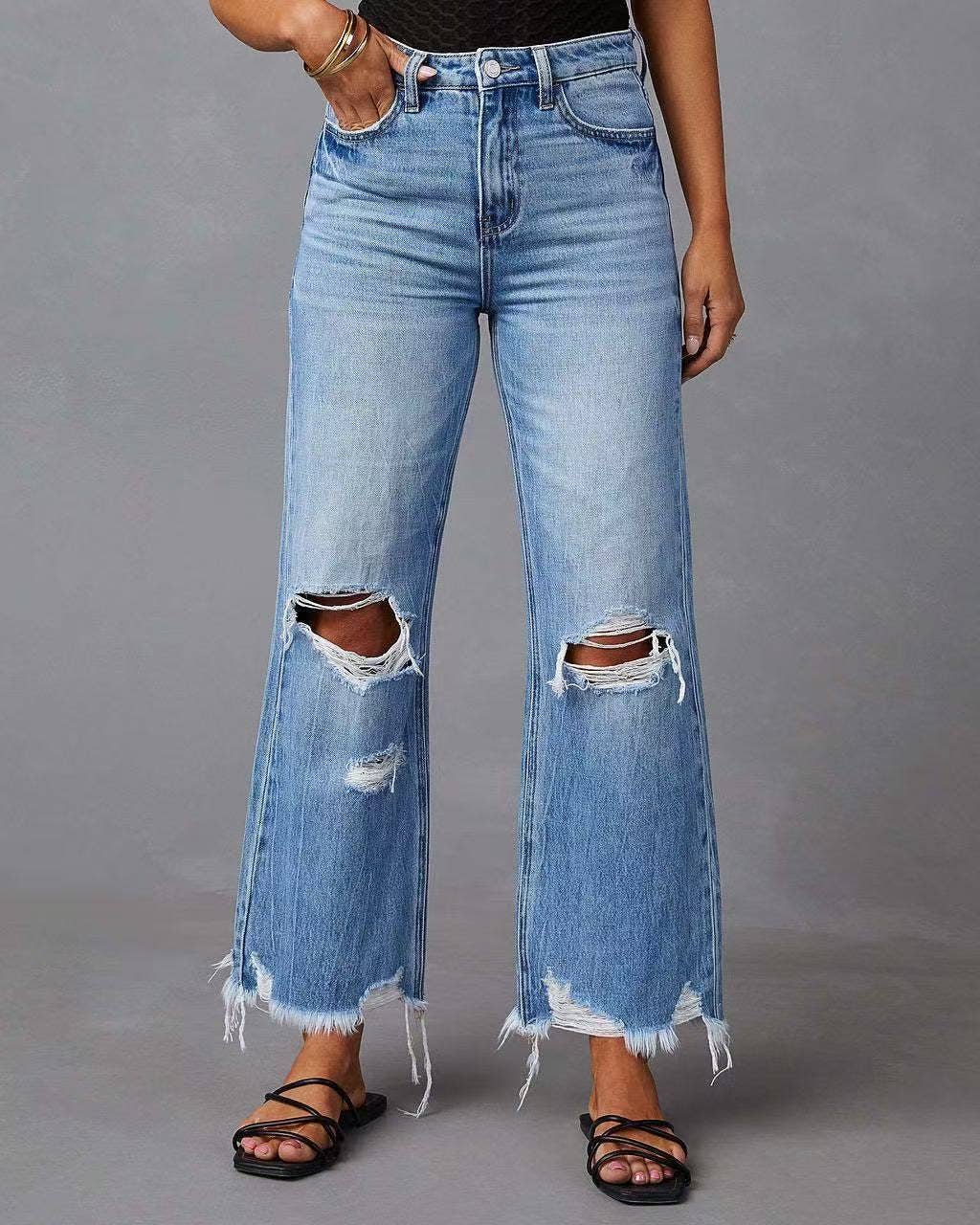High-Rise Distressed Wide-Leg Jeans