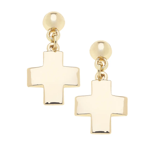Macy Square Cross Earrings in Shiny Gold