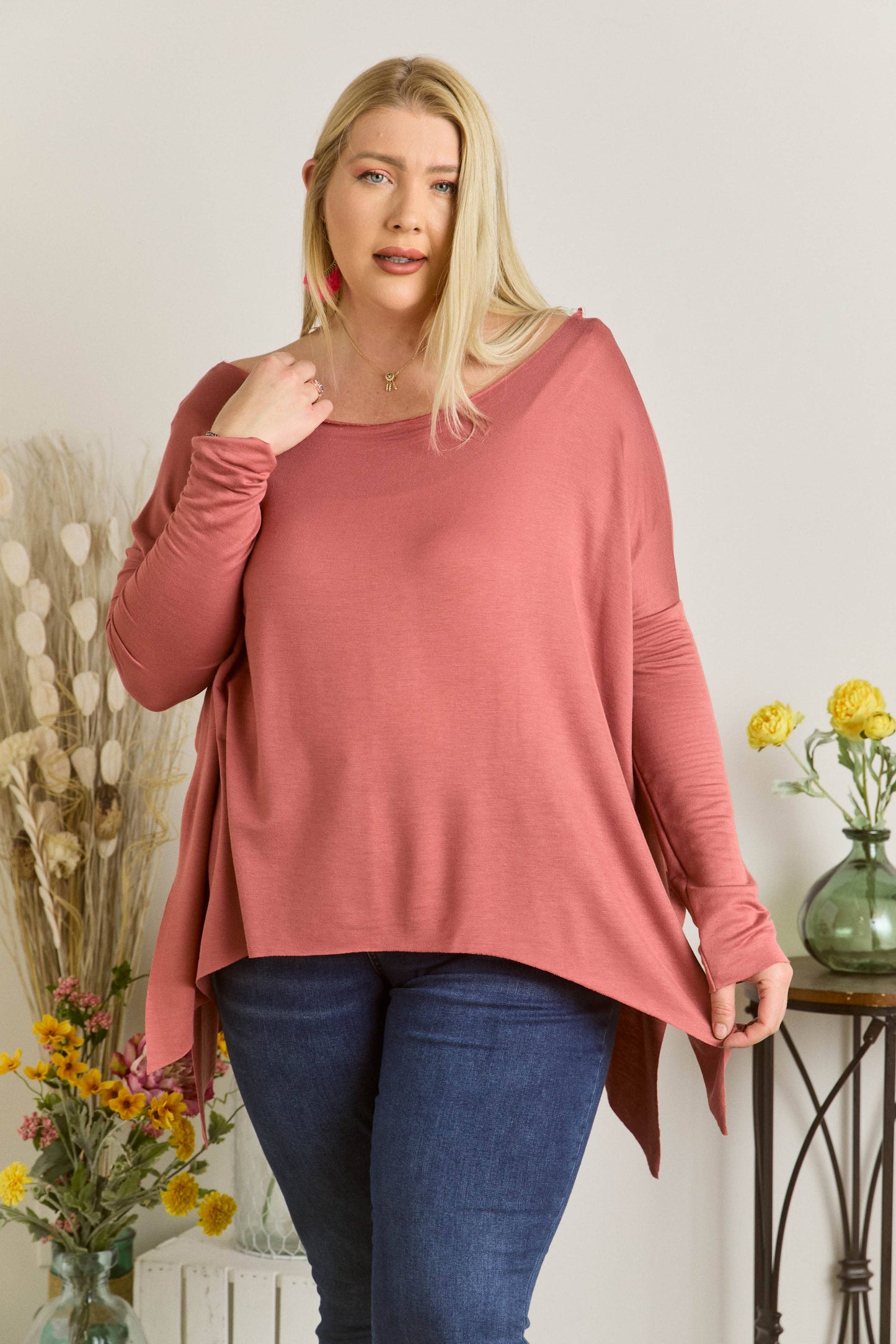 Plus Size Baby French Terry Boat-Neck Long Sleeve Top
