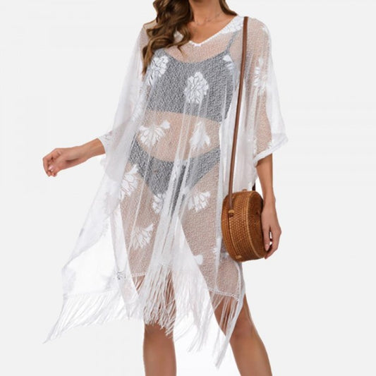 Floral Lace Swimsuit Cover Up With Tassel Hem