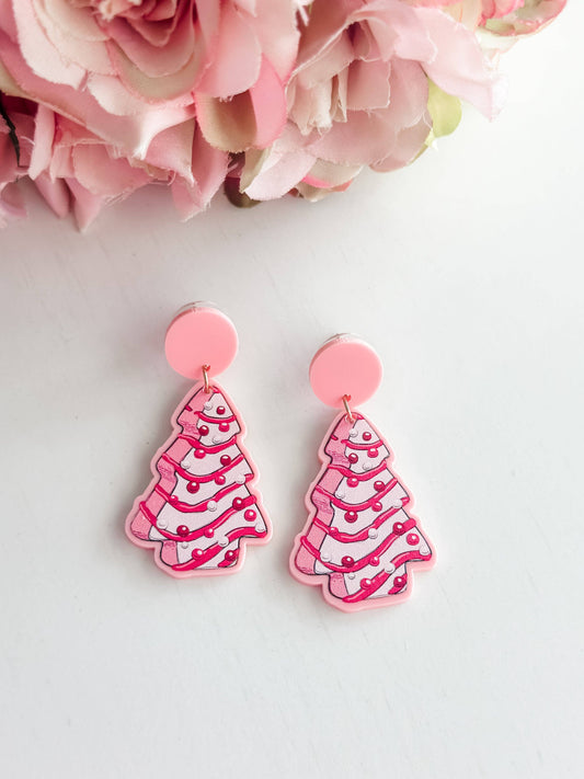 Pink Christmas Tree Dangle Earrings