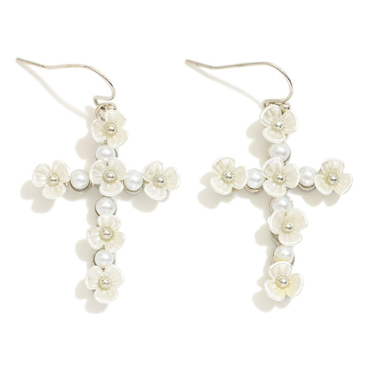 Pearl Flower Studded Cross Earrings