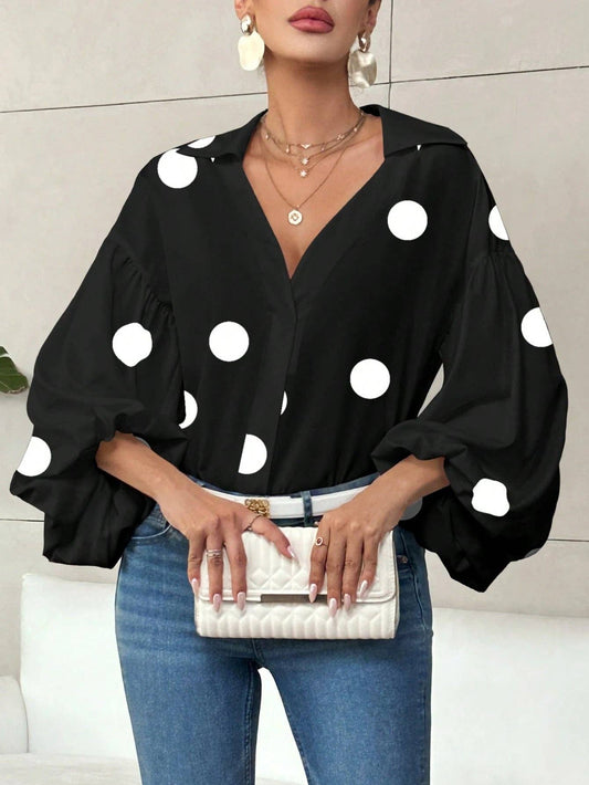 Black Polka Dot Lantern Sleeve Blouse