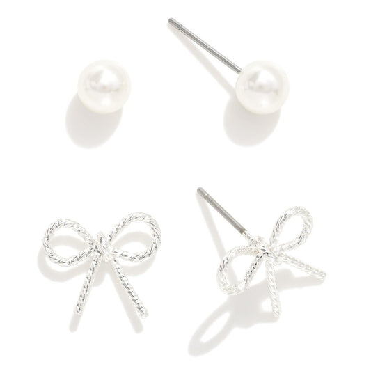 Set of Dainty Bow & Pearl Earrings