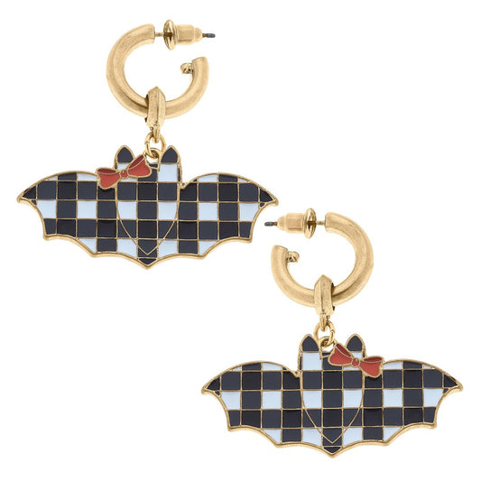 Camille Huggie Hoop Earrings Featuring Enamel Plaid Bat Charms