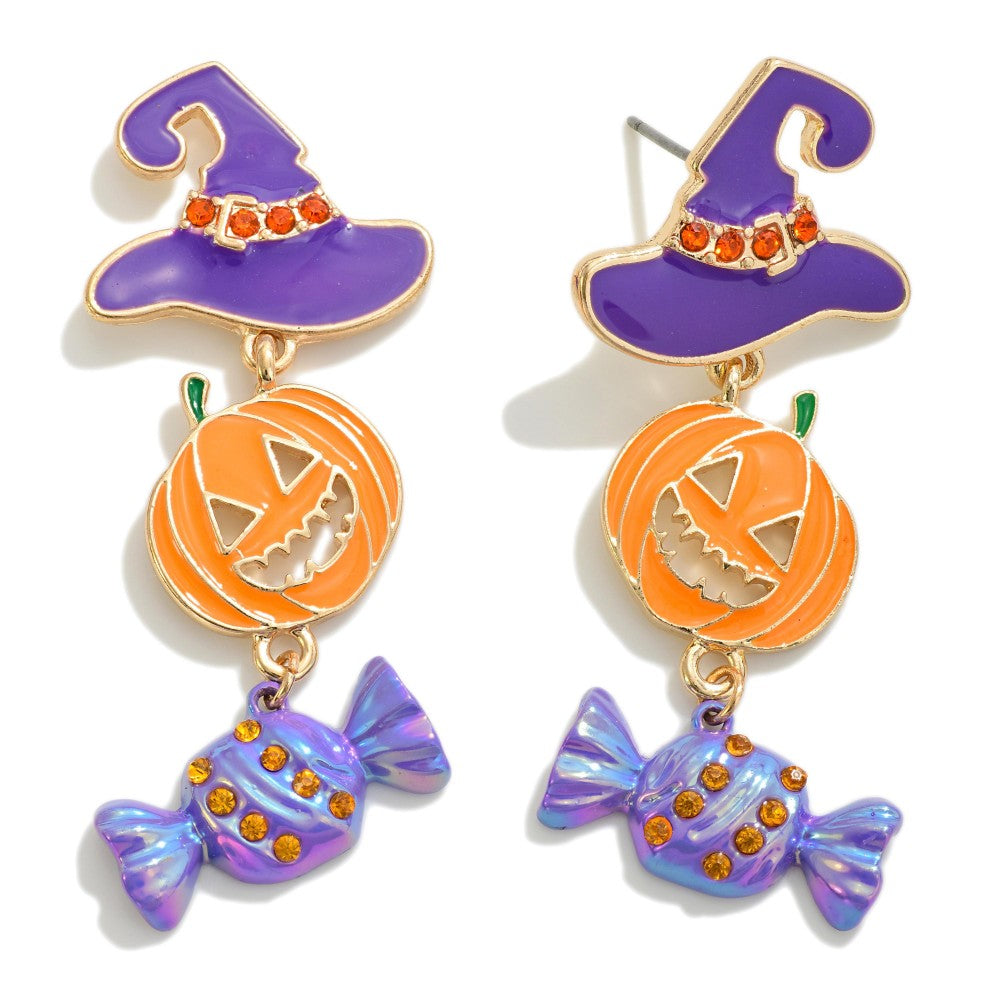 Enamel Halloween Drop Earring With Rhinestone Accents