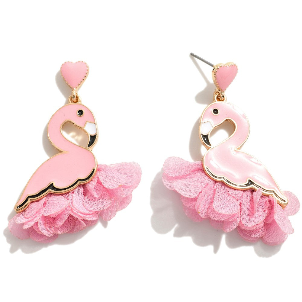 Flamingo Drop Earrings With Feather Detail & Heart Post