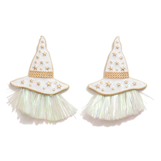 Glitter Resin Inlay Witches Hat Drop Earring With Metallic Tassel