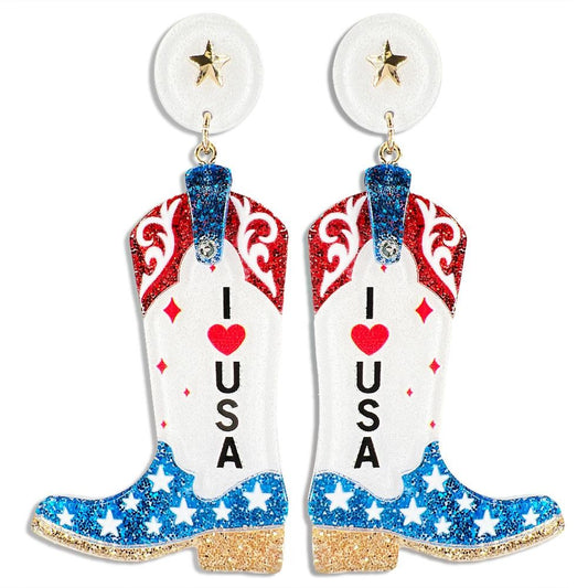 Glitter 'I love USA' Cowboy Boot Drop Earring