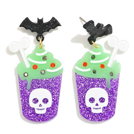 Glow In The Dark Spooky Drink Acetate Drop Earrings Featuring Bat Post