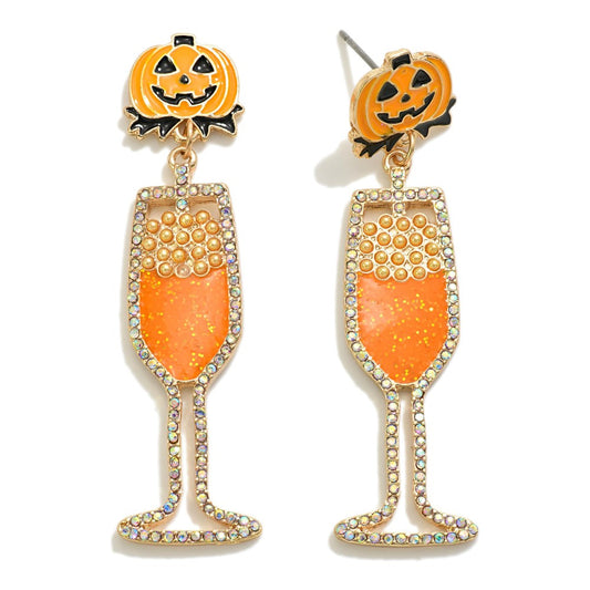 Halloween Glitter Champagne Glass Drop Earrings With Jack-o-Lantern