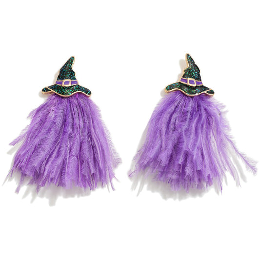 Halloween Witches Hat Drop Earring With Feathers