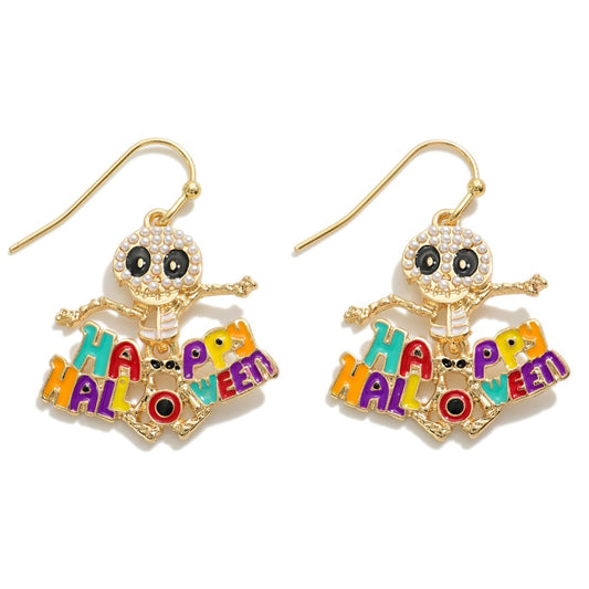 Happy Halloween Pearl Skeleton Drop Earrings