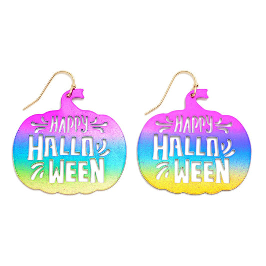 Happy Halloween Stamped Metal Halloween Pumpkin Earrings