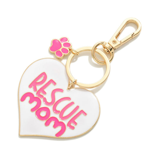 Heart Shaped 'Rescue Mom' Keychain With Paw Print Dangle