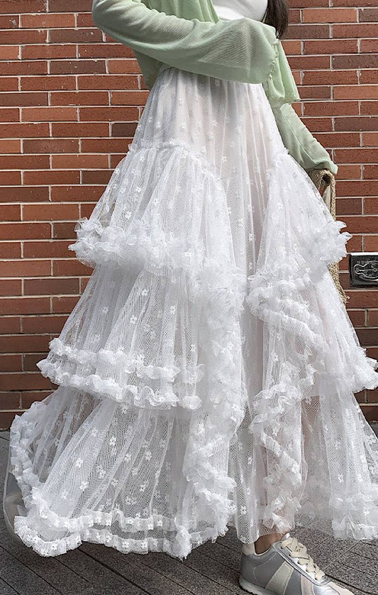 Lace Ruffle Mesh Maxi Skirt