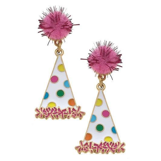 Polka Dotted Party Hat Enamel Earrings