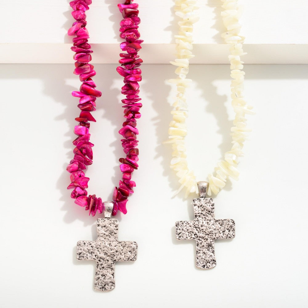 Puka Stone Beaded Necklace With Silver Cross Pendant