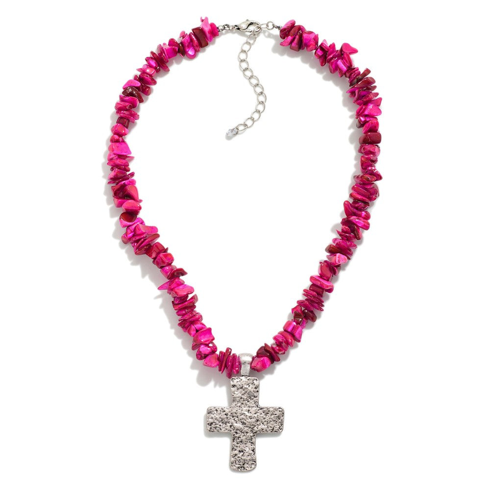 Puka Stone Beaded Necklace With Silver Cross Pendant
