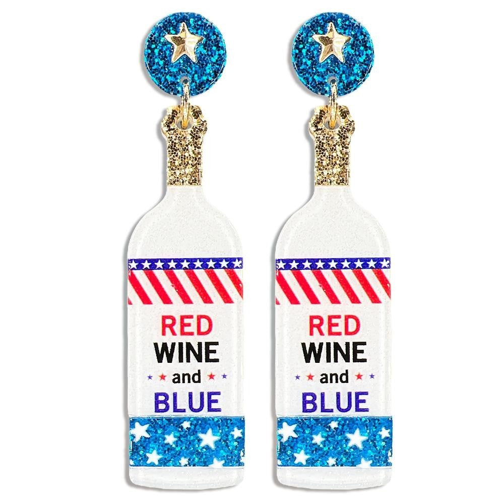 Red Wine and Blue Glitter Wine Bottle Drop Earring
