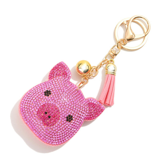 Rhinestone Studded Pig Puffer Keychain With Tassel