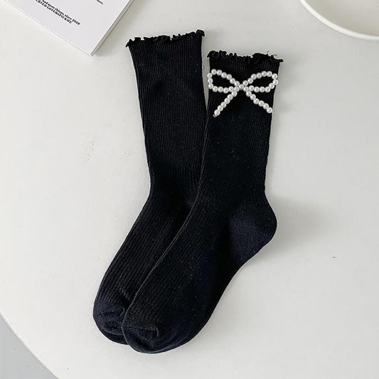 Ribbed and Ruffled Tube Socks Featuring Pearl Bow Detail