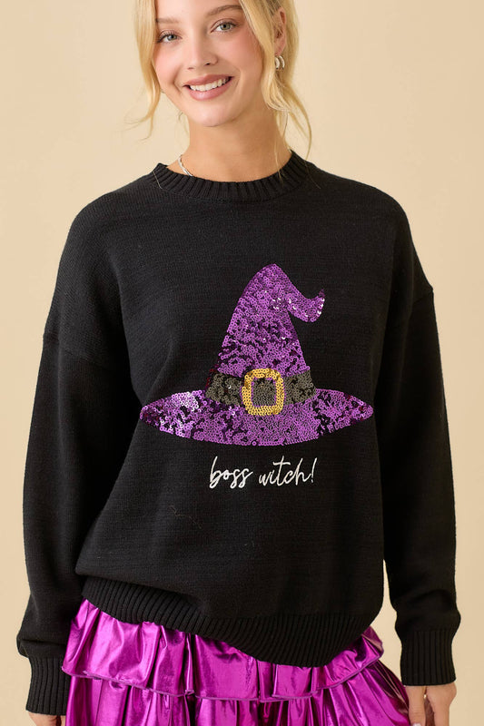 Sequin Halloween Witch Hat And Embroidery Sweater
