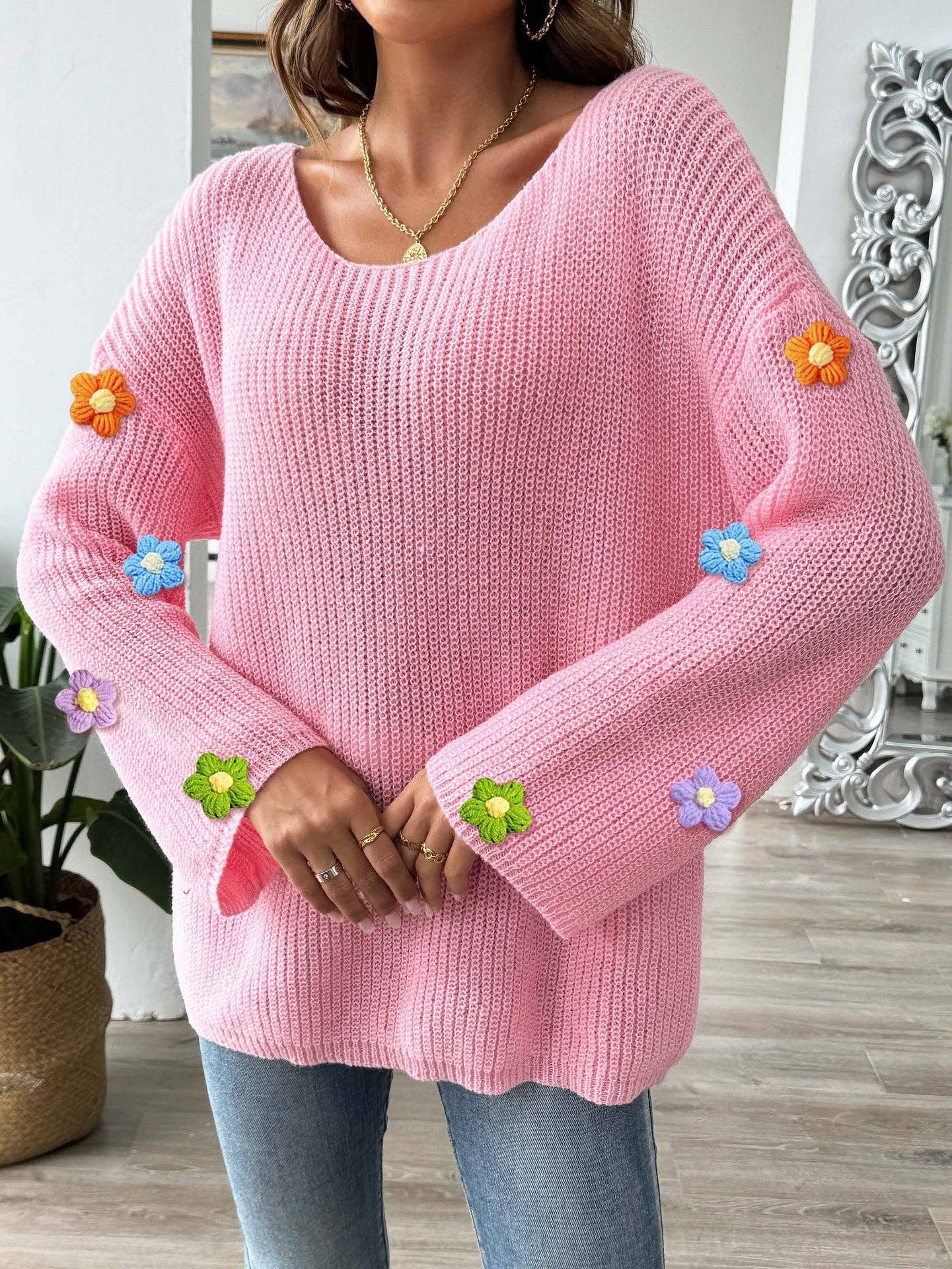 Off-Shoulder Knit Sweater with Crochet Flowers