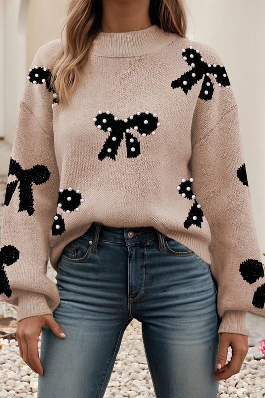 Pearl Embellished Bow Pattern Loose Sweater