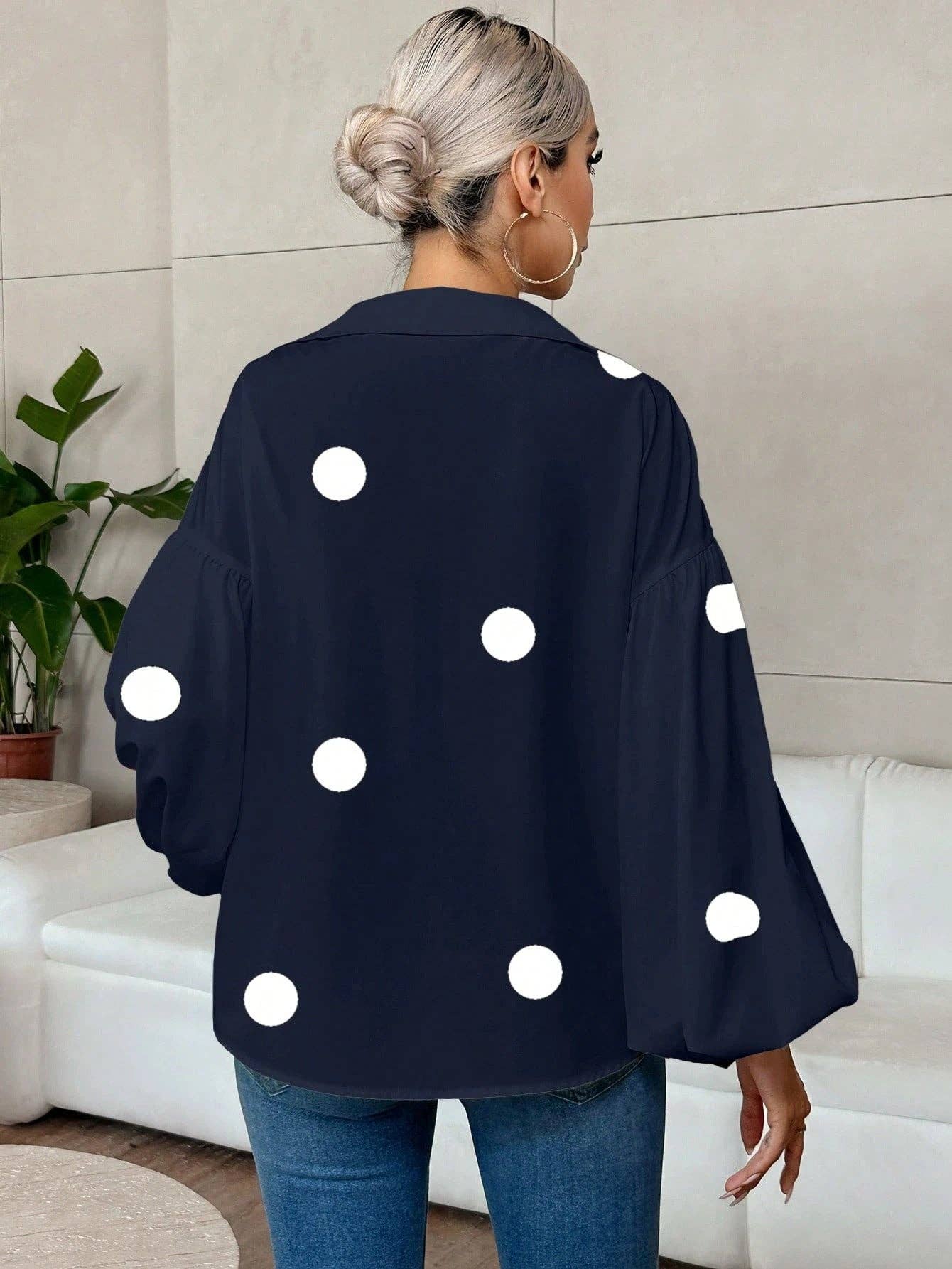 Black Polka Dot Lantern Sleeve Blouse
