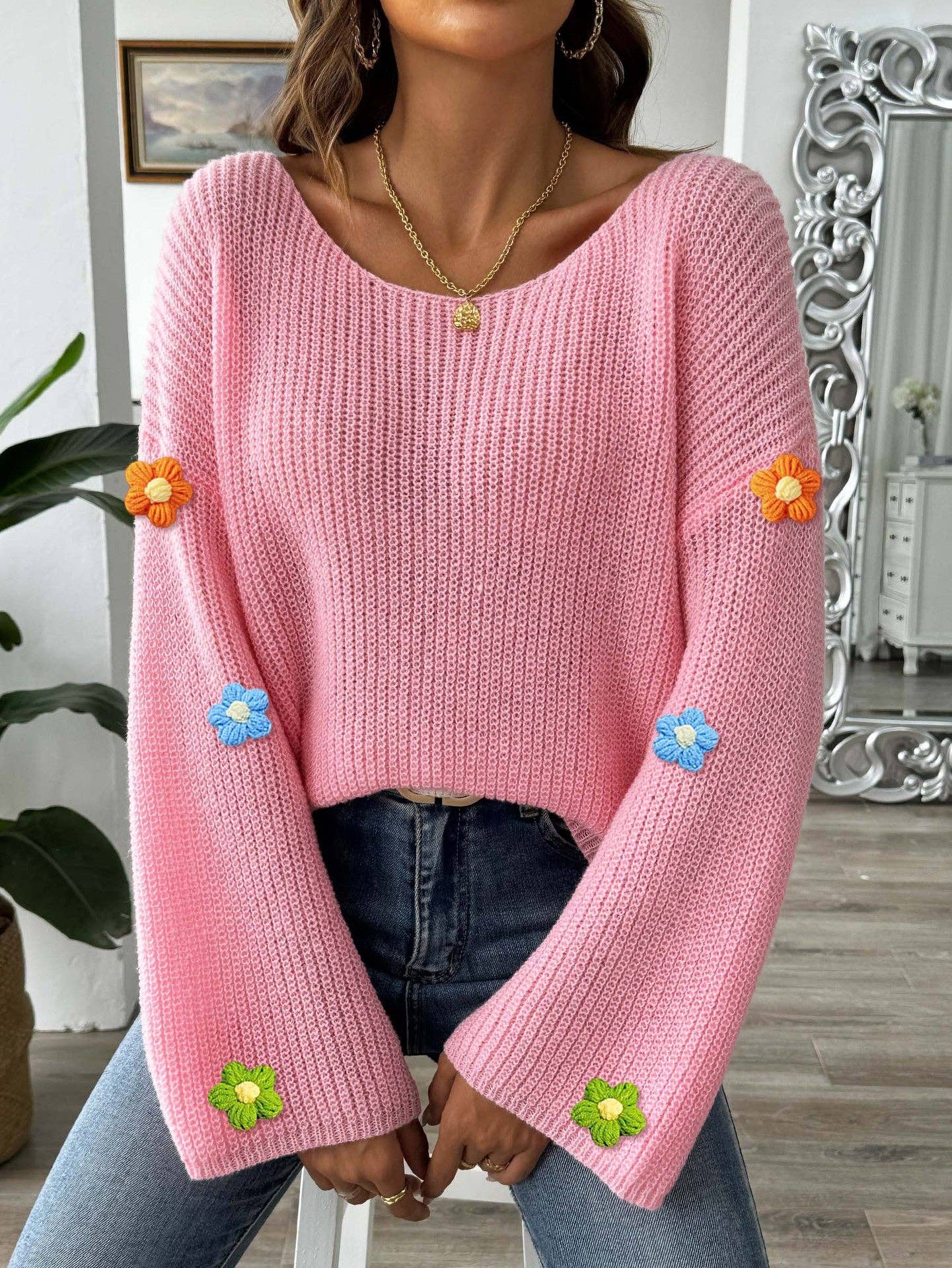 Off-Shoulder Knit Sweater with Crochet Flowers