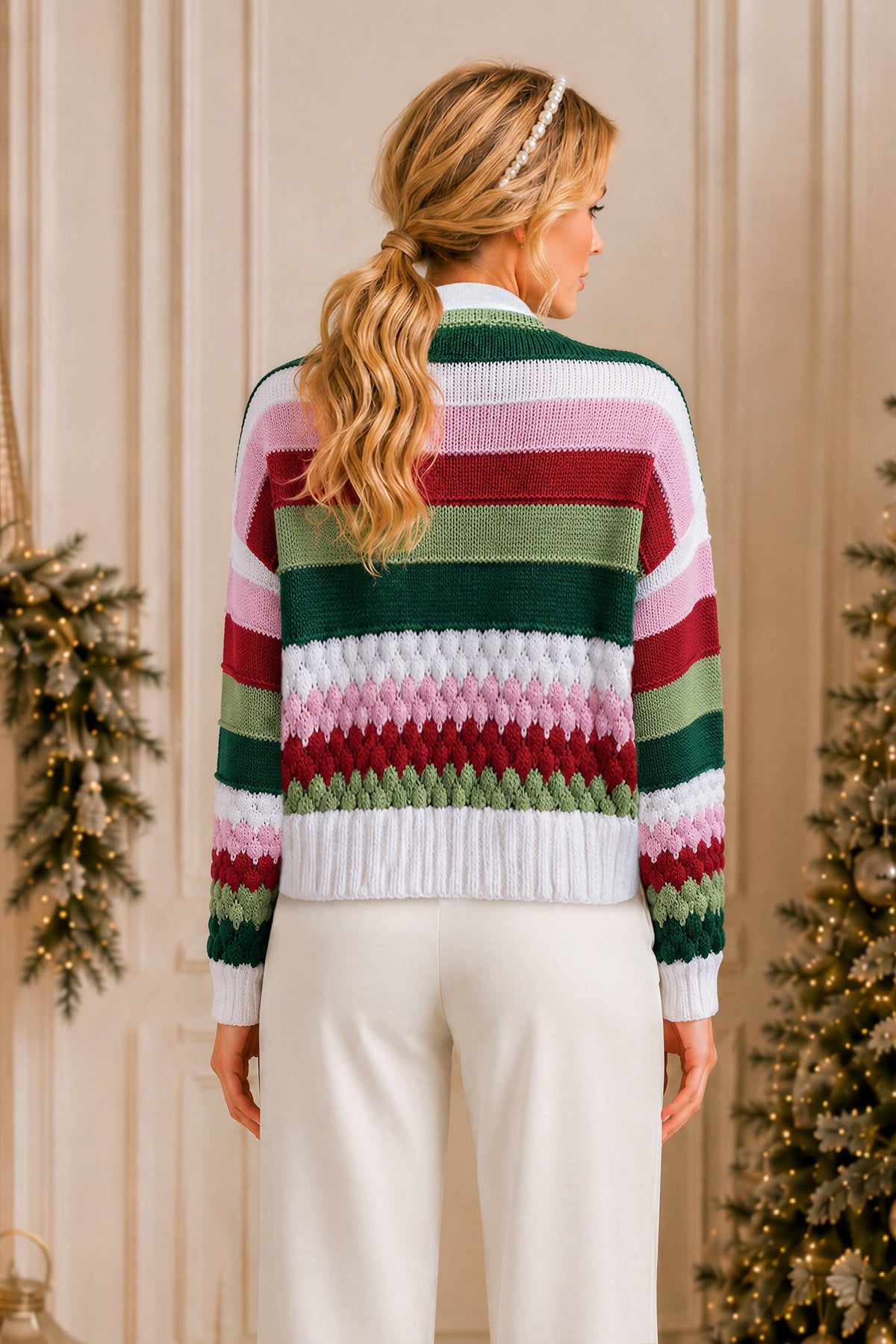 Christmas Striped Bow Knit Cardigan